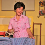 brown haired woman wearing a pink dress ironing a blue striped shirt erma bombeck