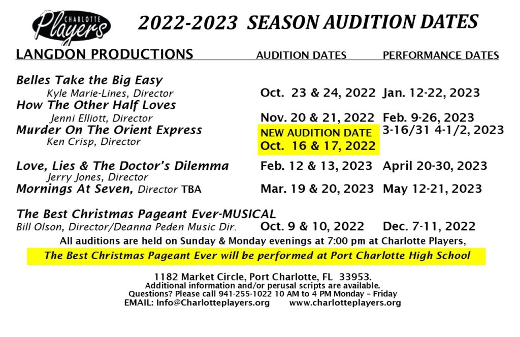 Charlotte Players 2022-23 Season Audition Card with Calendar and dates